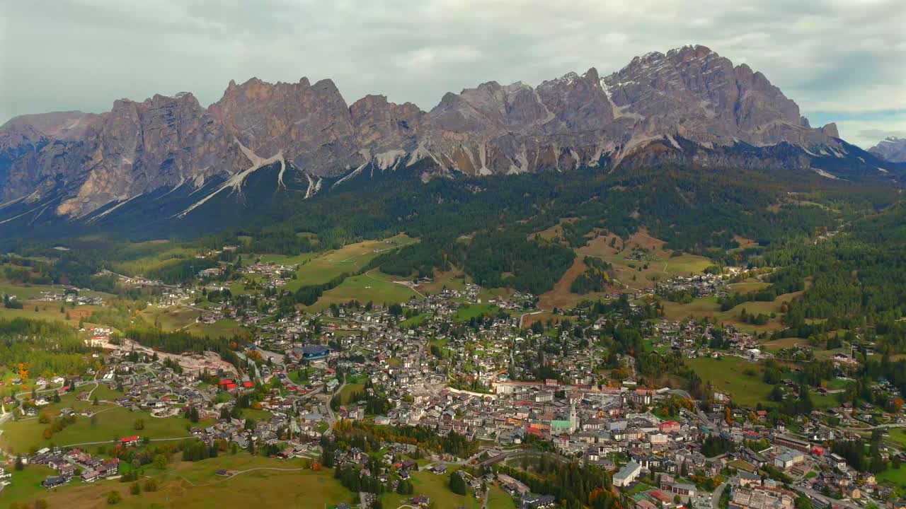Aerial View of a Mountain Village in the Dolomites, Italy