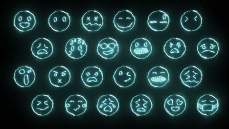 efectos de brillo dinámico conjunto de 24 caras de emoticones. signos emocionales de neón. en bucle