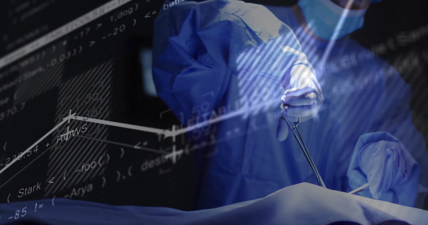Surgeon inserting medical laparoscope as assistant squeezing bag and line graphs tracking vitals