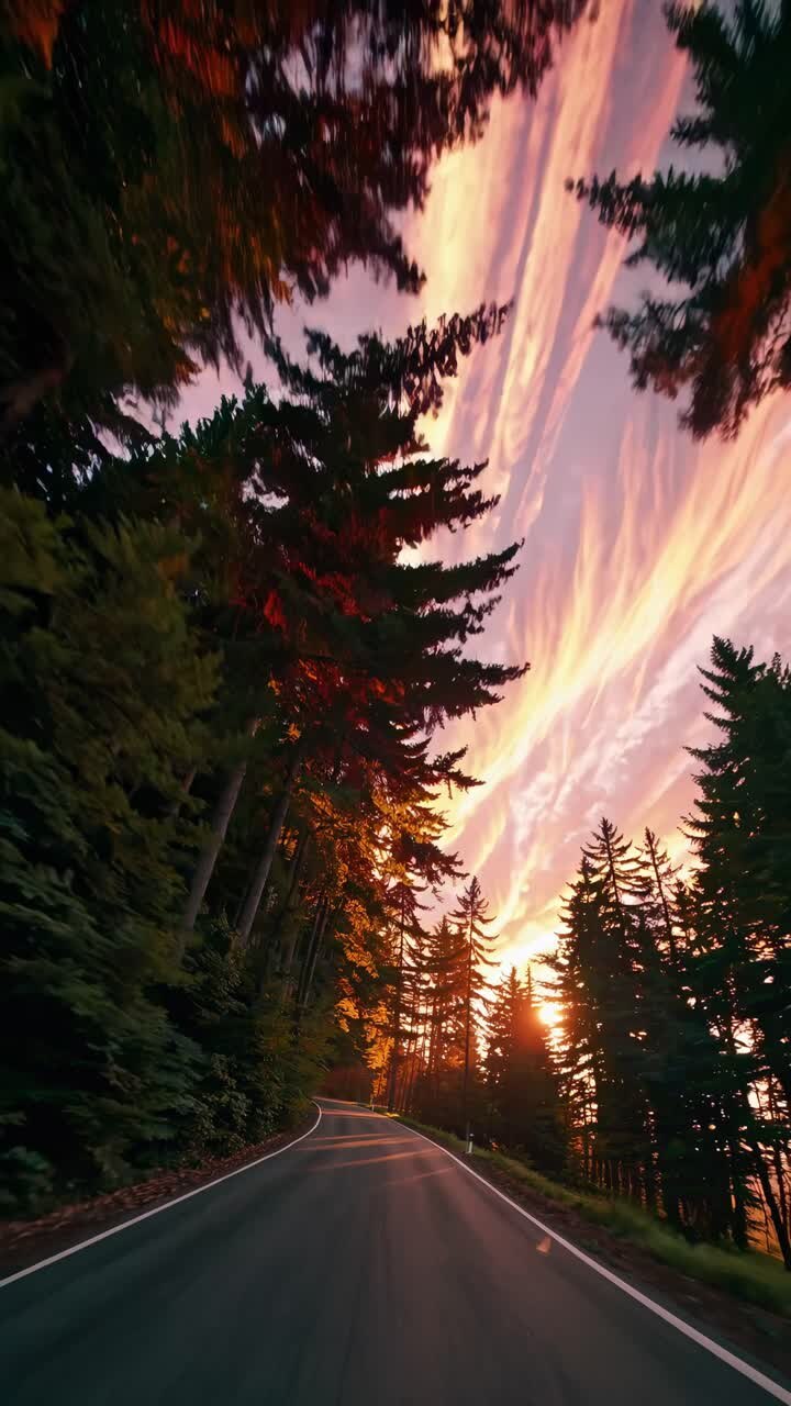 A mesmerizing video captures a winding road through towering trees at sunset, shot from a low angle