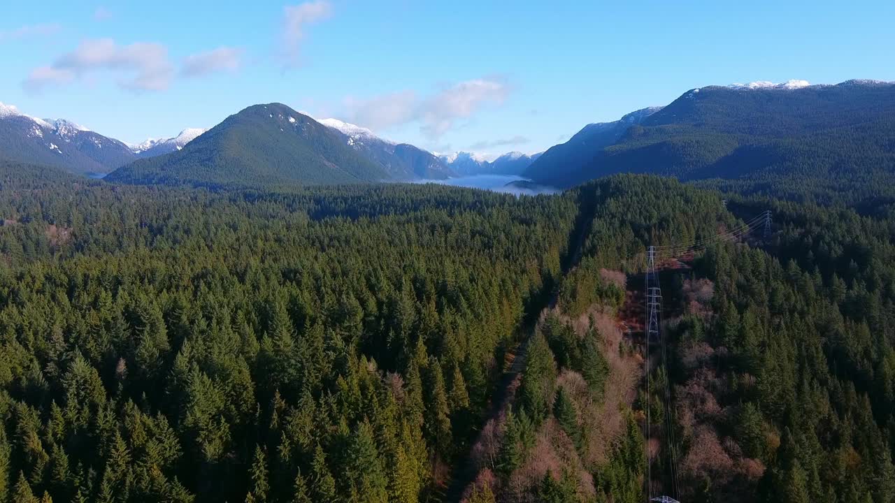 Aerial of BC Landscape with trees and mountains (Boom Up and Dolly In)