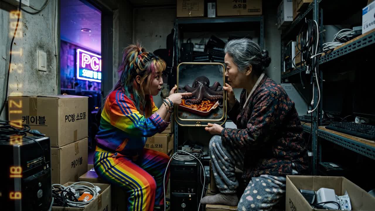 Young Woman and Elderly Woman Discussing Octopus Picture in Cluttered Room