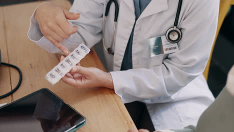 Doctor,-explaining-and-pills-with-hands-in-closeup