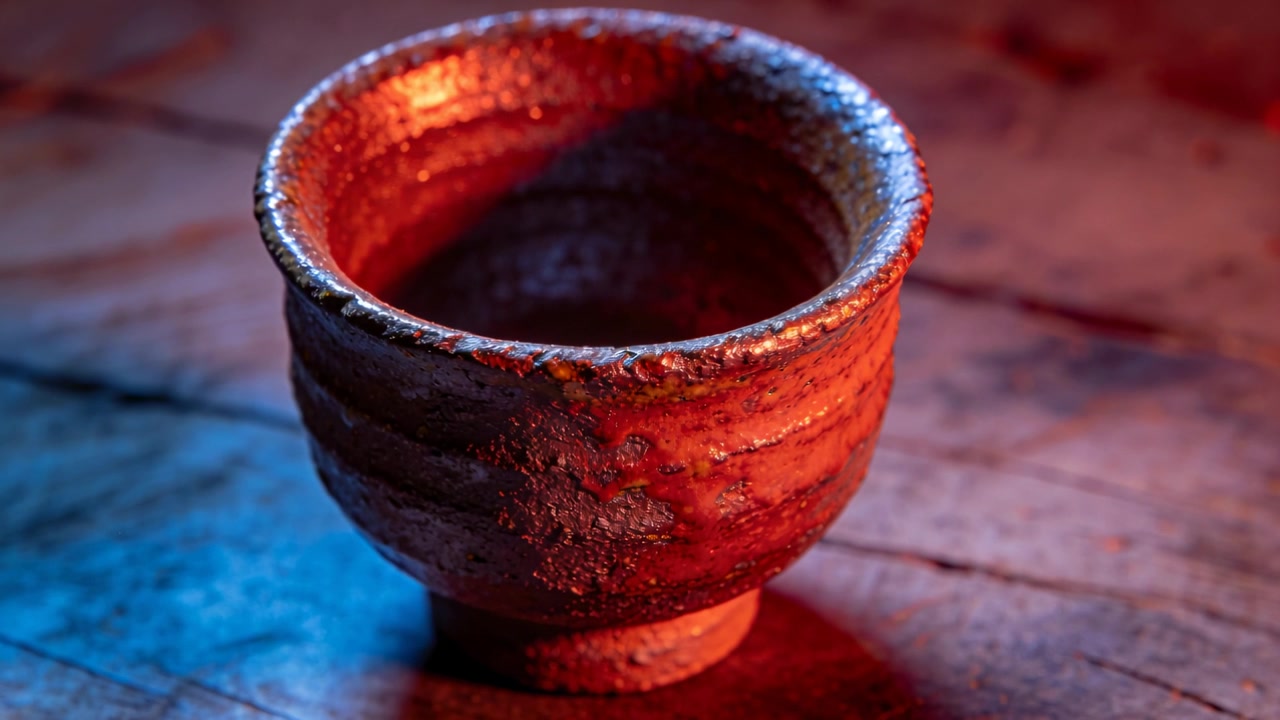 Luce calda mutevole che avvolge una tazza di ceramica fatta a mano per un primo piano del prodotto, con un riempimento blu freddo su una tavola.