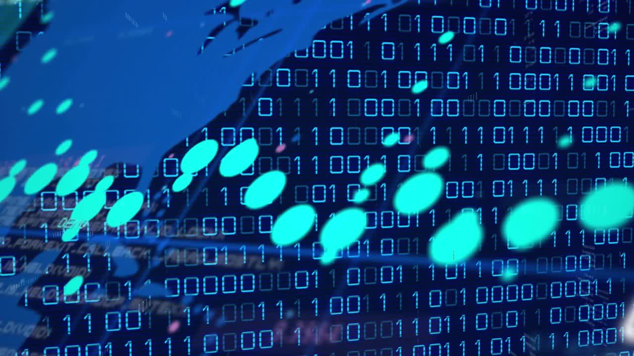 Animation of world map and binary coding data processing against blue background