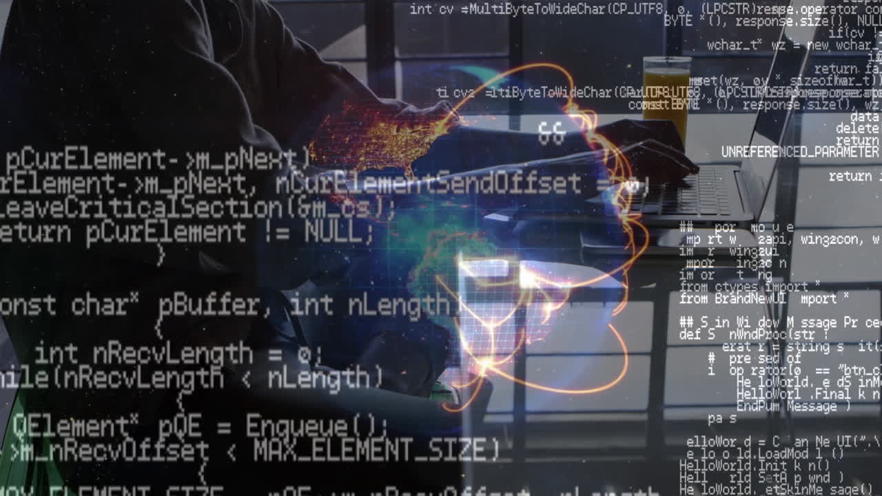 Animation of data processing and globe over man using laptop