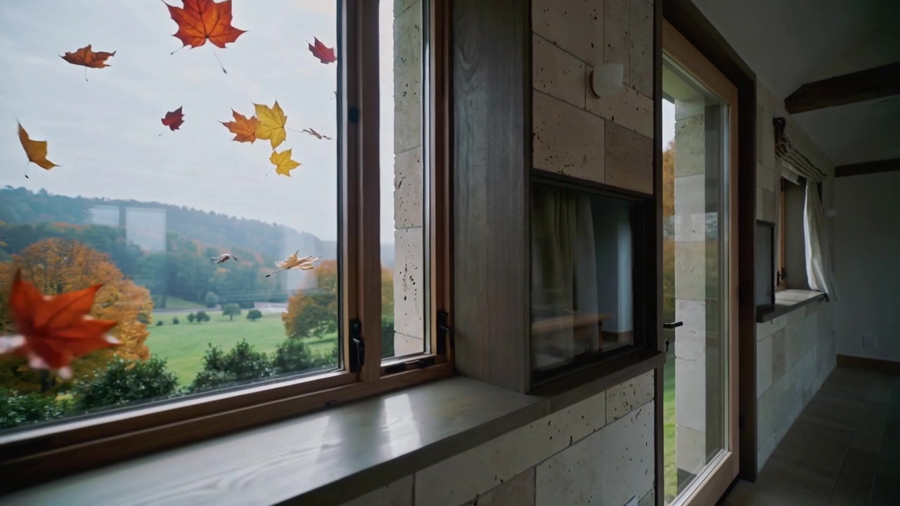 Drifting bright leaves across wide wood window in hall, gusts pushing camera right showing hearth