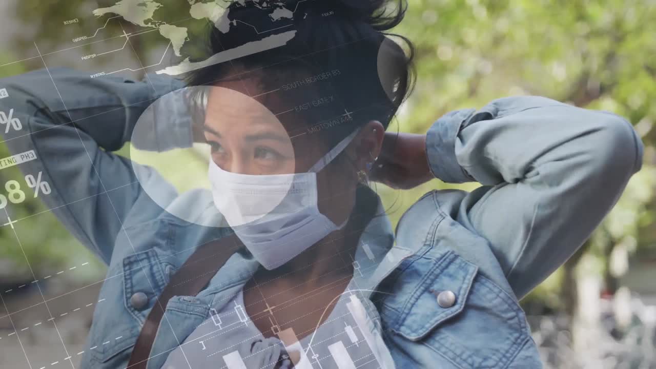 코로나 19 통계 및 데이터 처리의 애니메이션 공원에서 마스크를 쓰는 여성