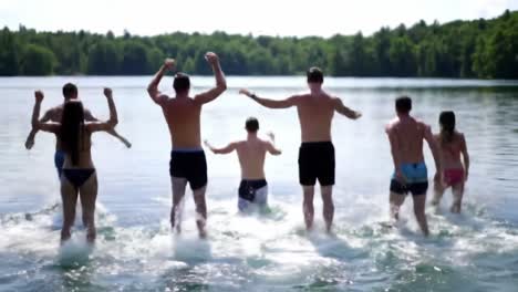 joyful summer adventure: a group of friends taking a splash in a serene lake, enjoying leisure time under the sun on a beautiful day