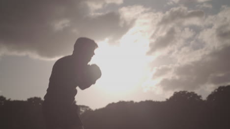 young attractive man boxing in the evening sunlight in the park - ungraded