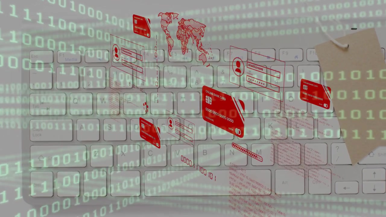Keyboard streaming binary, red UI icons rising and responding with hand entering, showing data