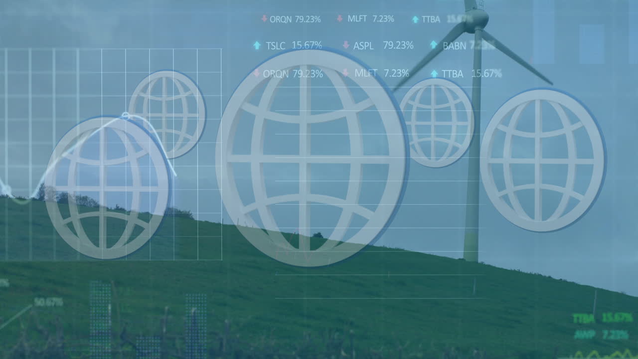 Wind turbine rotating over grassy hillside, overlaying globe icons, charts and ticker percentages