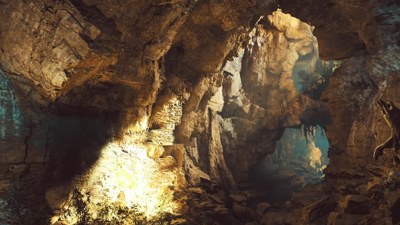 Intricate cave system illuminated by shafts of light at dusk