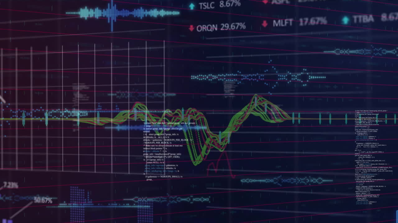 Animation of financial data processing on black background