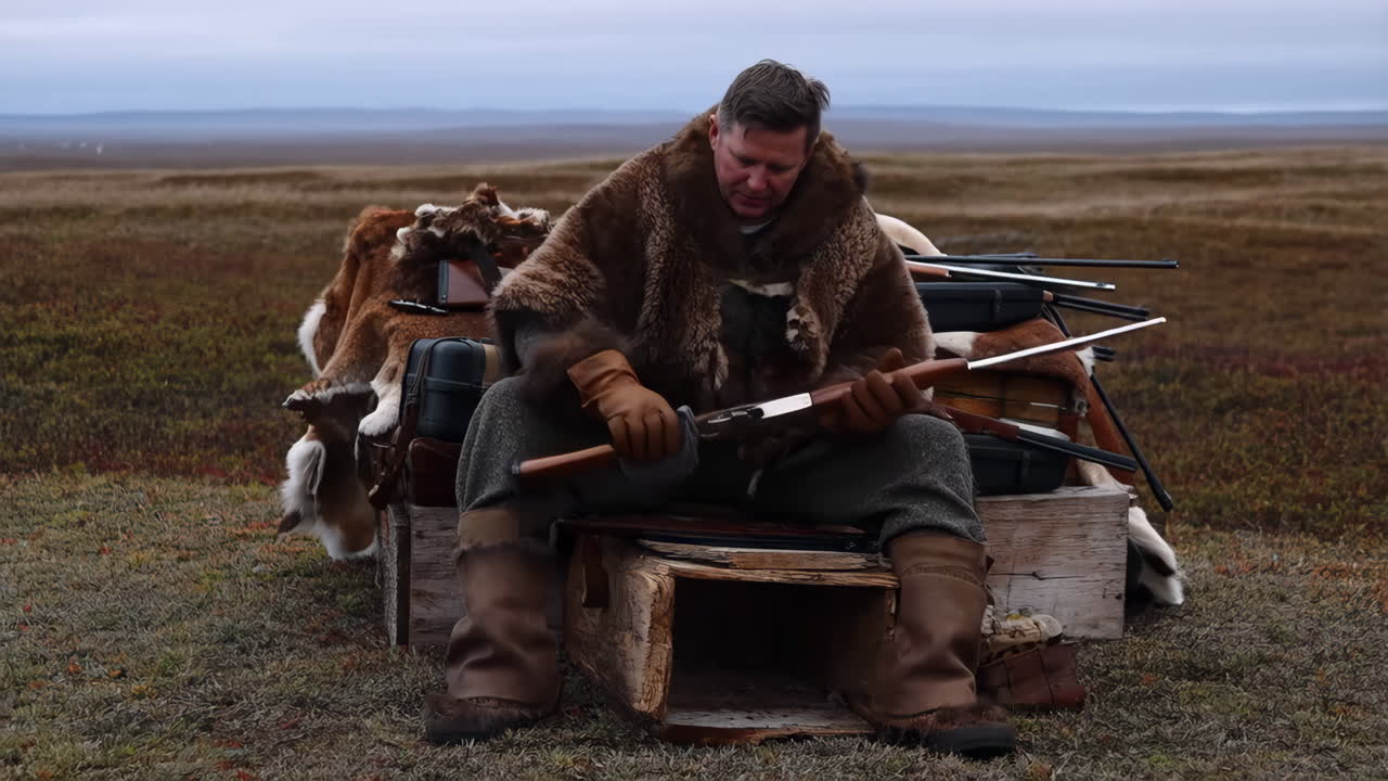 A hunter in a fur coat preparing his rifle in a remote wilderness setting