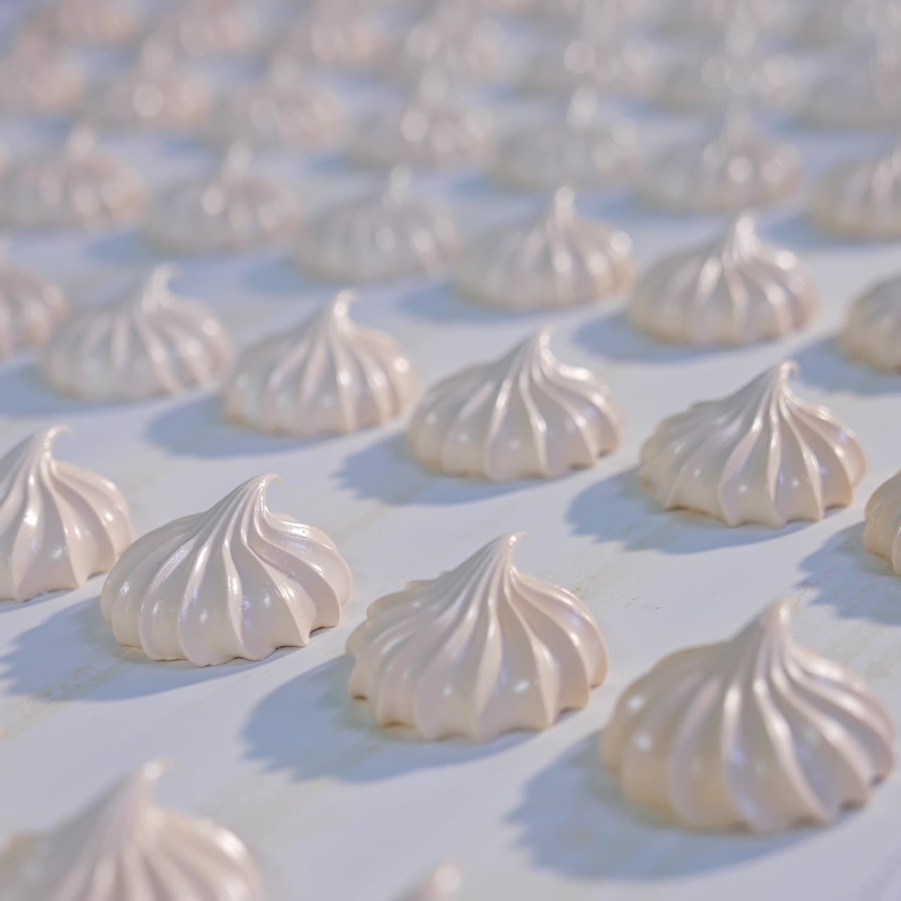 Industrial production of sweets . Marshmallow moving slowly along the conveyor. Desserts factory making