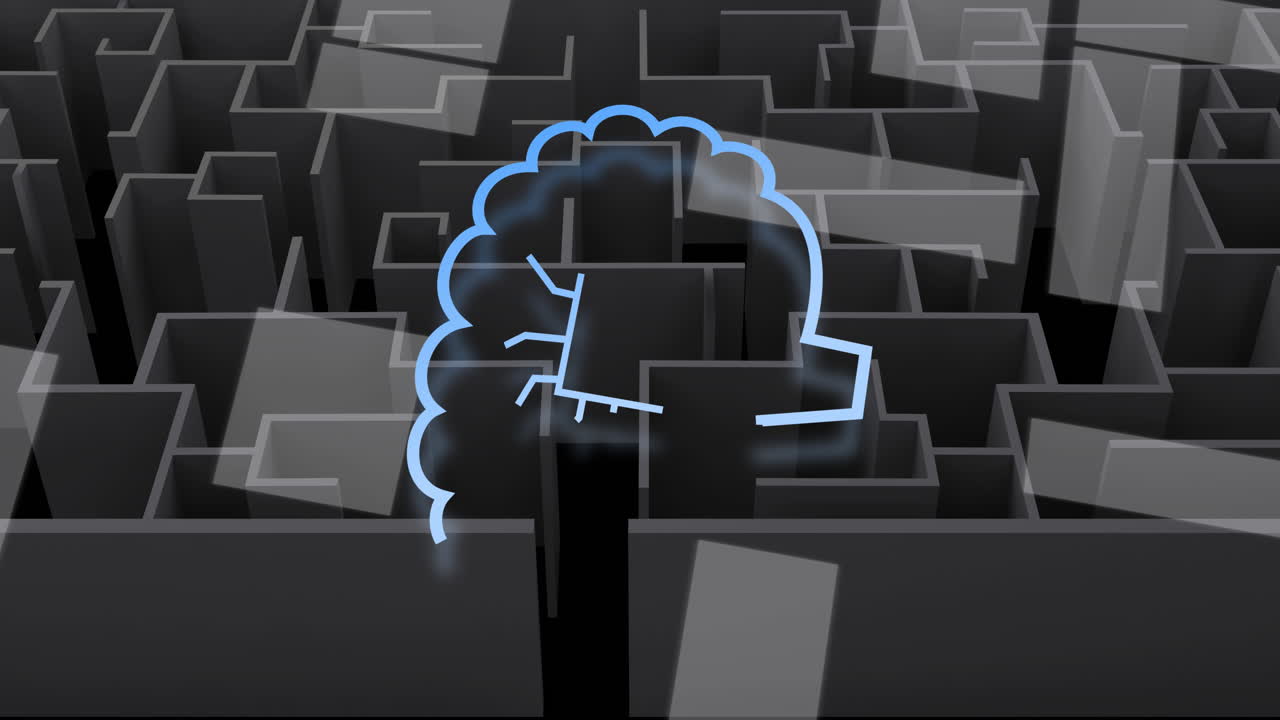 Animation of ai chat and data processing over maze on grey background