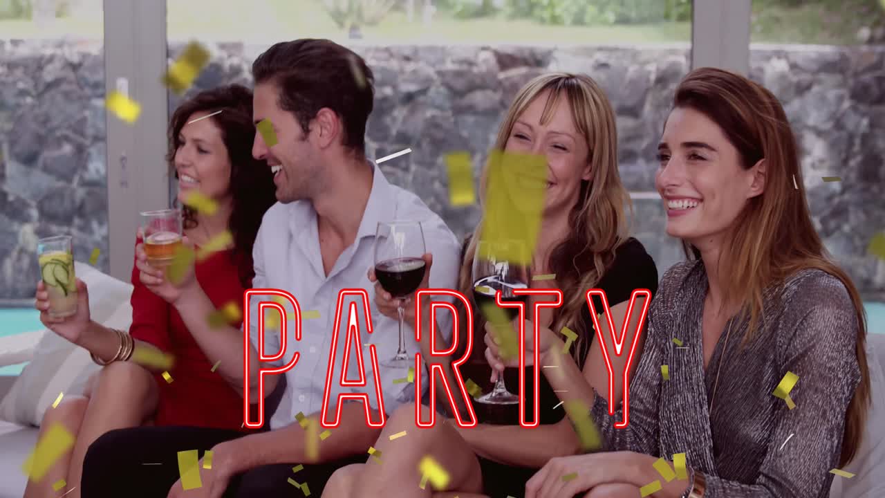 파티에서 토스트를 만드는 다양한 친구들 위에 떨어지는 파티 텍스트와 콘페티의 애니메이션