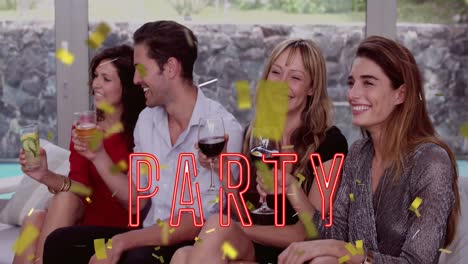 animation of party text and confetti falling over diverse friends making toast at party