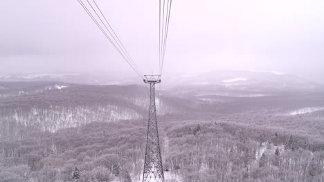 ropeway riding down high above snowy winter landscape