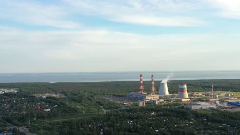 Smoking-cooling-pipes-at-power-plant.-View-from-copter