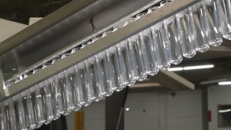 Le preforme in PET di plastica si muovono lungo una linea di attrezzature robotizzata verso un nuovo processo tecnologico.