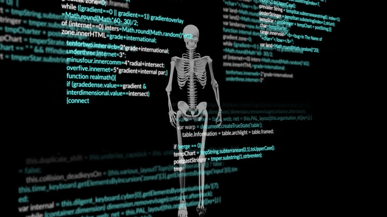 esqueleto con datos médicos y animación de codificación sobre fondo negro