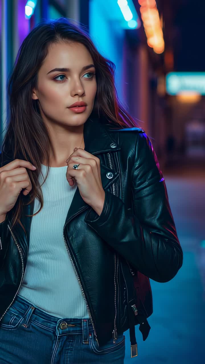 Vídeo vertical: modelo com jaqueta de couro ajustando a câmera e posando em passarela de neon para um retrato