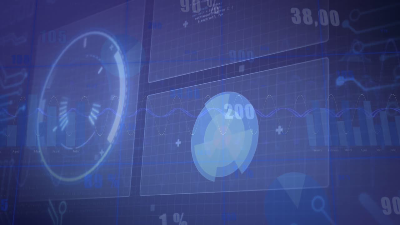 animación de círculos de carga, gráficos sobre números cambiantes, lenguaje informático en fondo abstracto