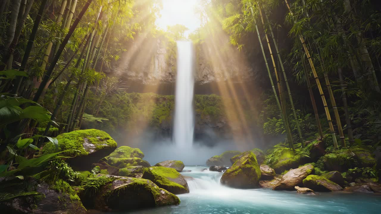 Sunbeams filtering through bamboo forest illuminating majestic waterfall cascading into river, creating magical atmosphere in pristine nature