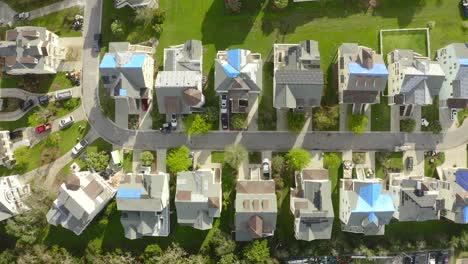 Top-down-aerial-view-of-multiple-roofs-damaged-from-Hurricane-Florence