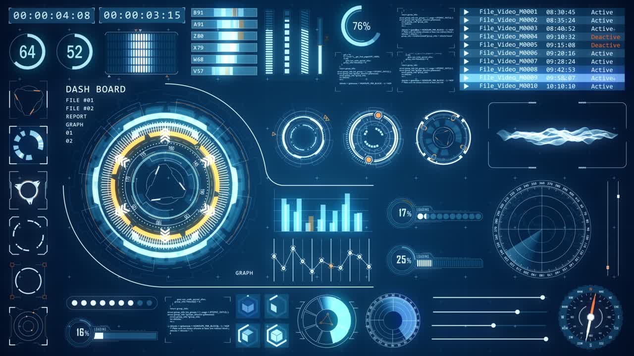 Motion graphic of Head up display ( HUD UI ) technology interface screen with futuristic elements graph and chat panel abstract background