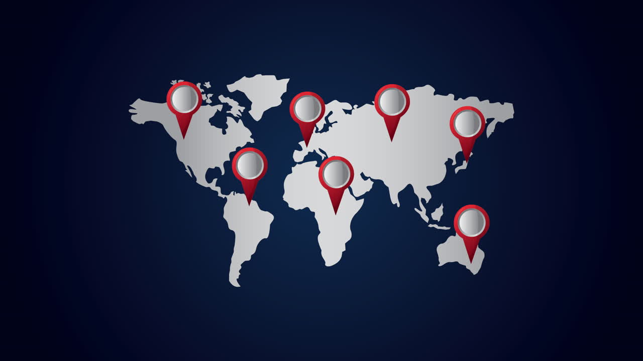 viaje alrededor del mundo animación con mapa de la tierra y pinzas ubicaciones