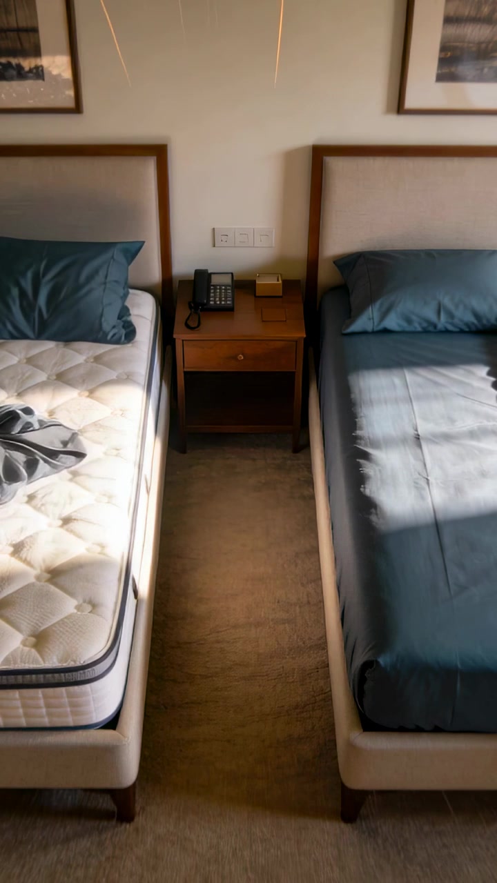 Video vertikal: Merapikan tempat tidur kiri oleh tangan tak terlihat di kamar tamu, mempersiapkan untuk tamu dengan seprai warna biru kehijauan