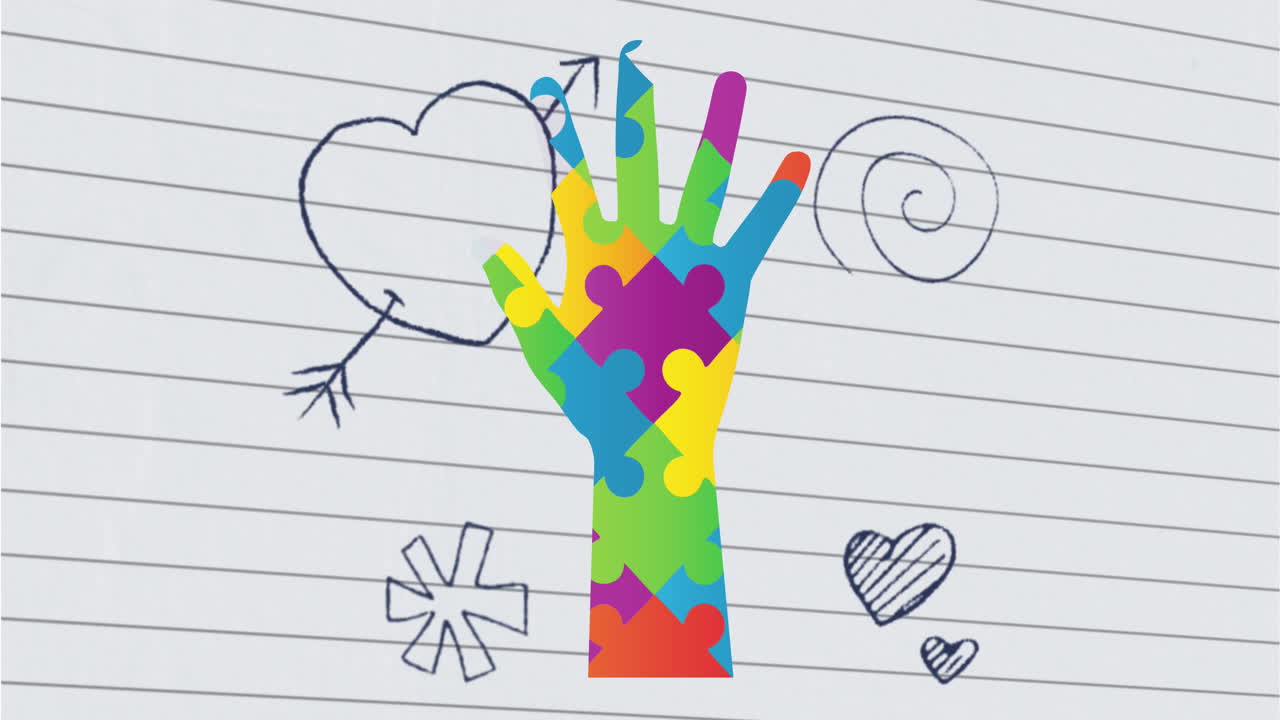 animación de la mano formada con rompecabezas sobre iconos escolares en papel regido