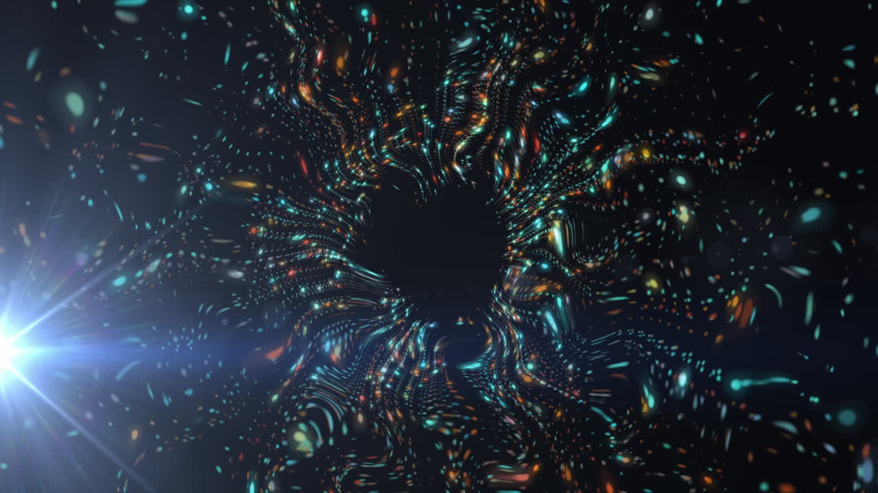 Animation of colorful light patterns forming vortex shape on dark background