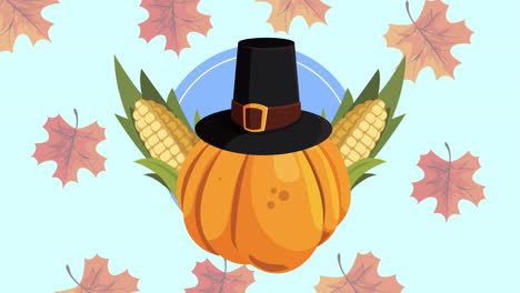 thanksgiving illustration with pumpkin, corn, and pilgrim hat