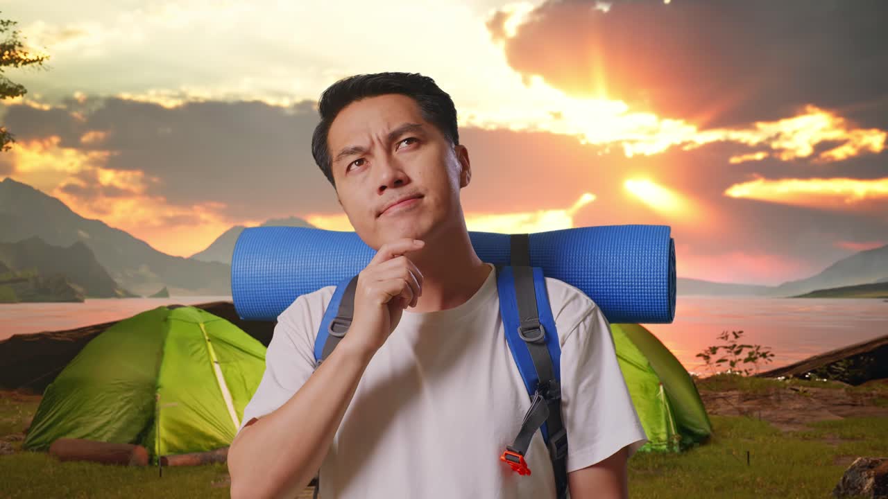 Thoughtful camper at sunrise