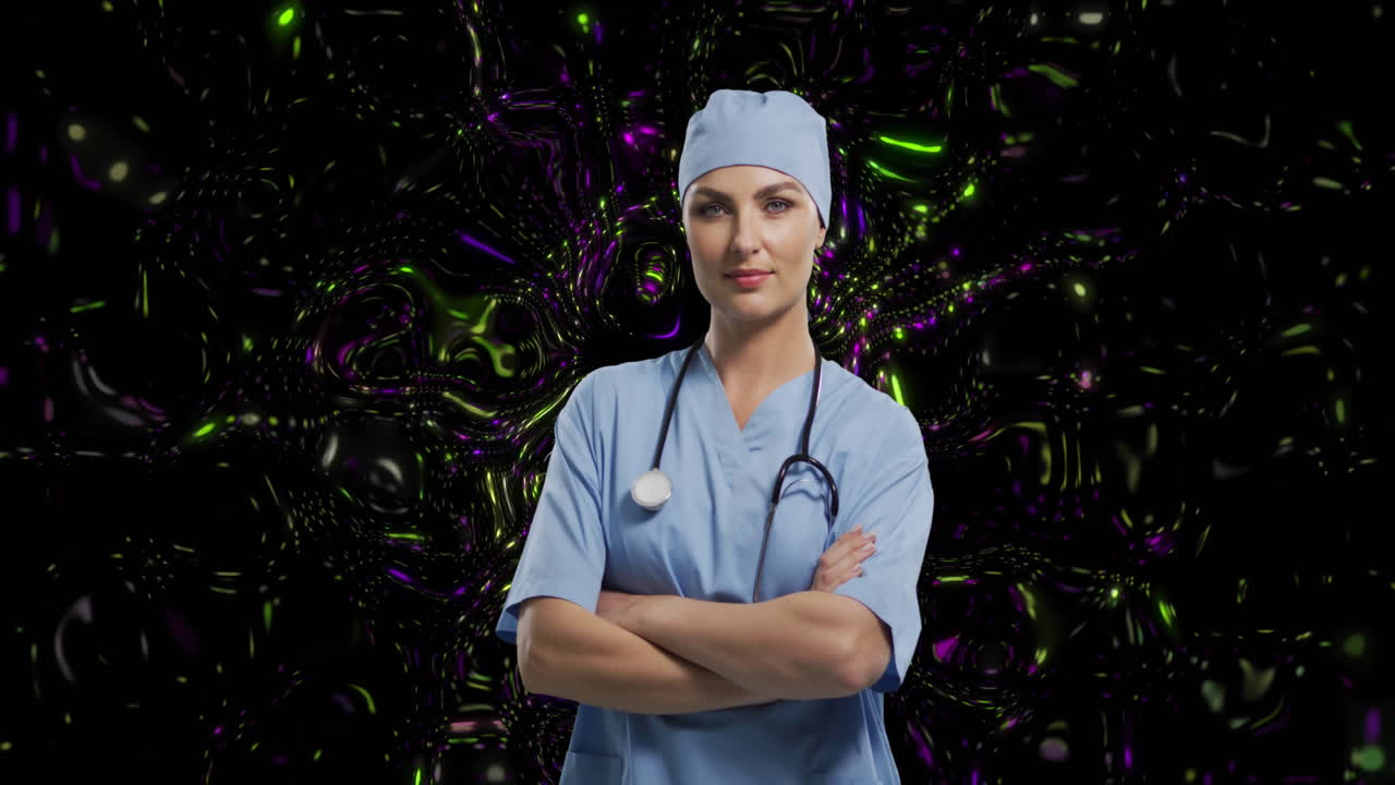 Female nurse standing with stethoscope and scrubs in health hub showcasing animated heartbeat graph