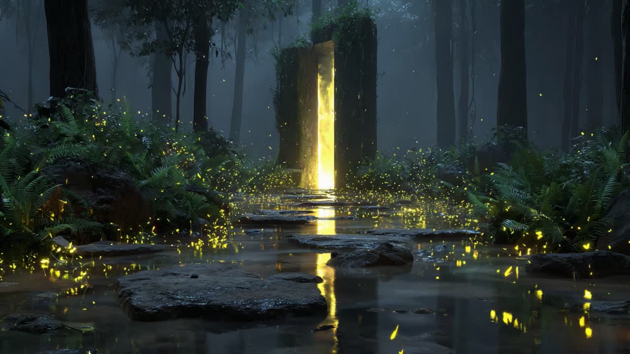 Mystical Portal Surrounded by Enchanted Forest, Illuminated by Fireflies and Reflecting on the Serene Water in a Dreamlike Atmosphere