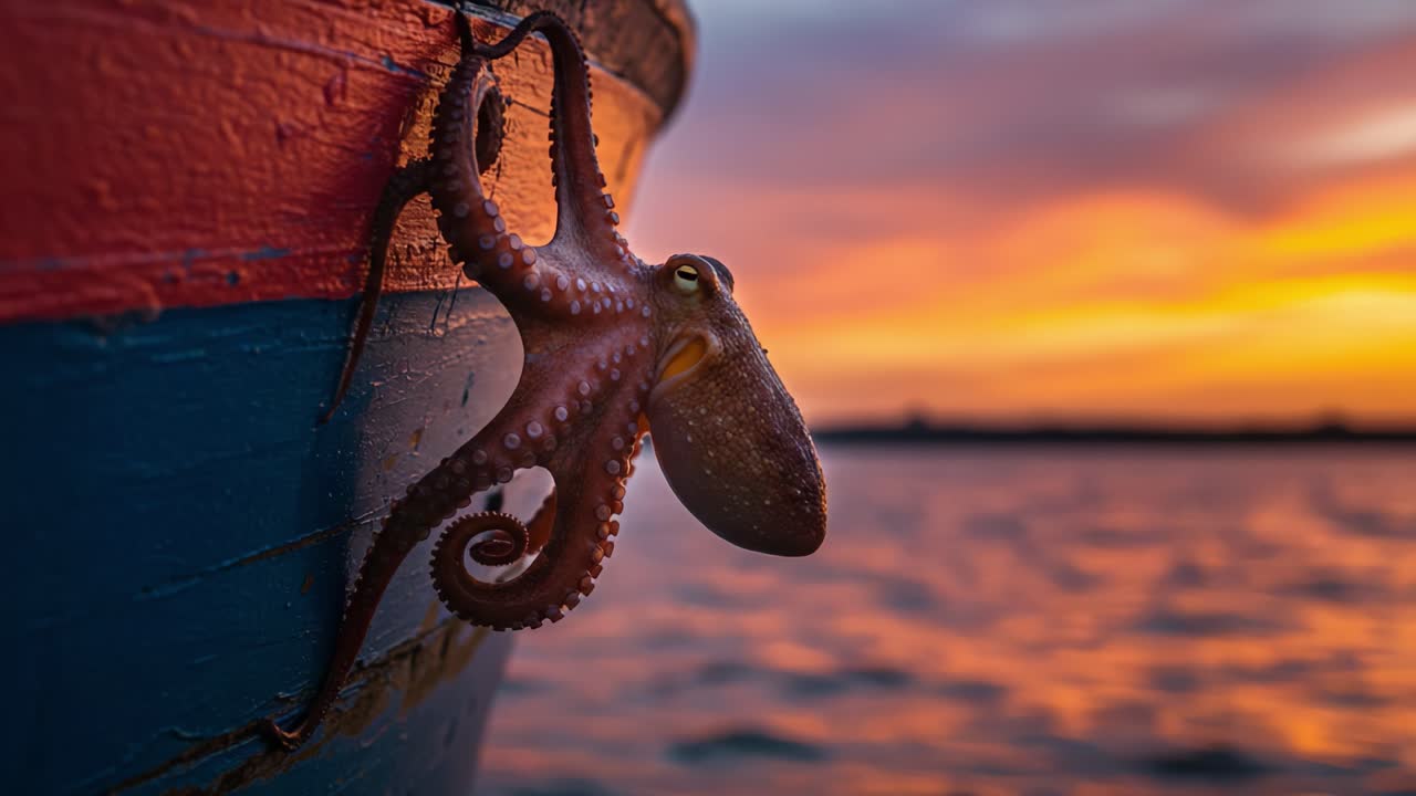 A Majestic Octopus Clings to a Colorful Boat as the Sun Sets Over Tranquil Waters, Capturing the Essence of Marine Life and Nature's Beauty