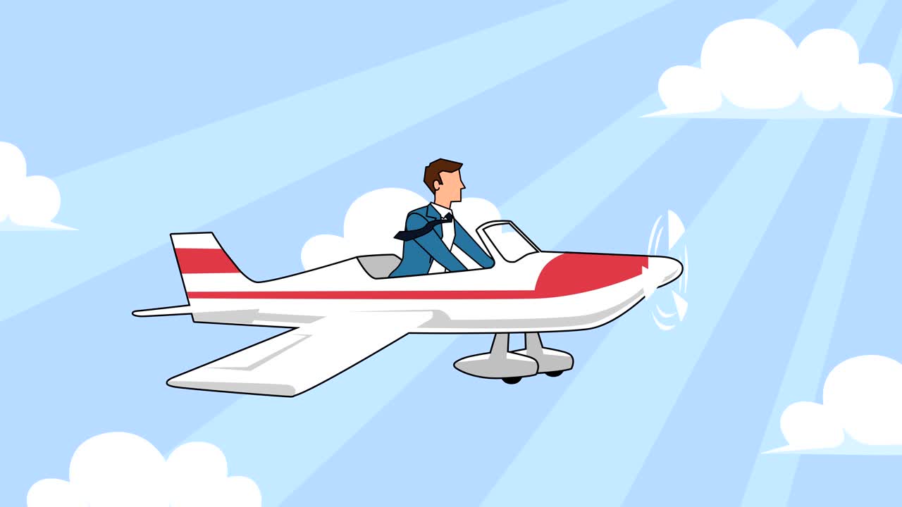 personaje de dibujos animados de hombre de negocios plano volando en avión rojo animación de avión con alfa mate