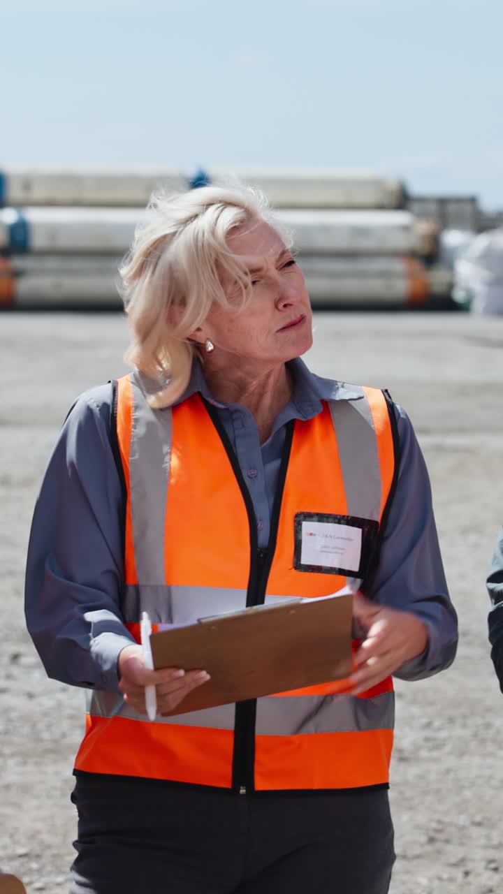 Professional Woman in Safety Vest Discussing Plans at Construction Site