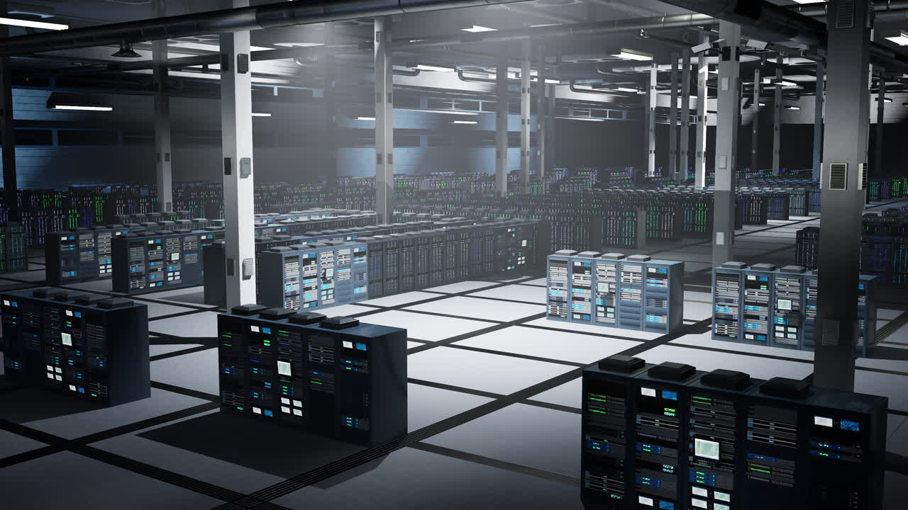 Dimly lit data center operating computational infrastructure processing AI