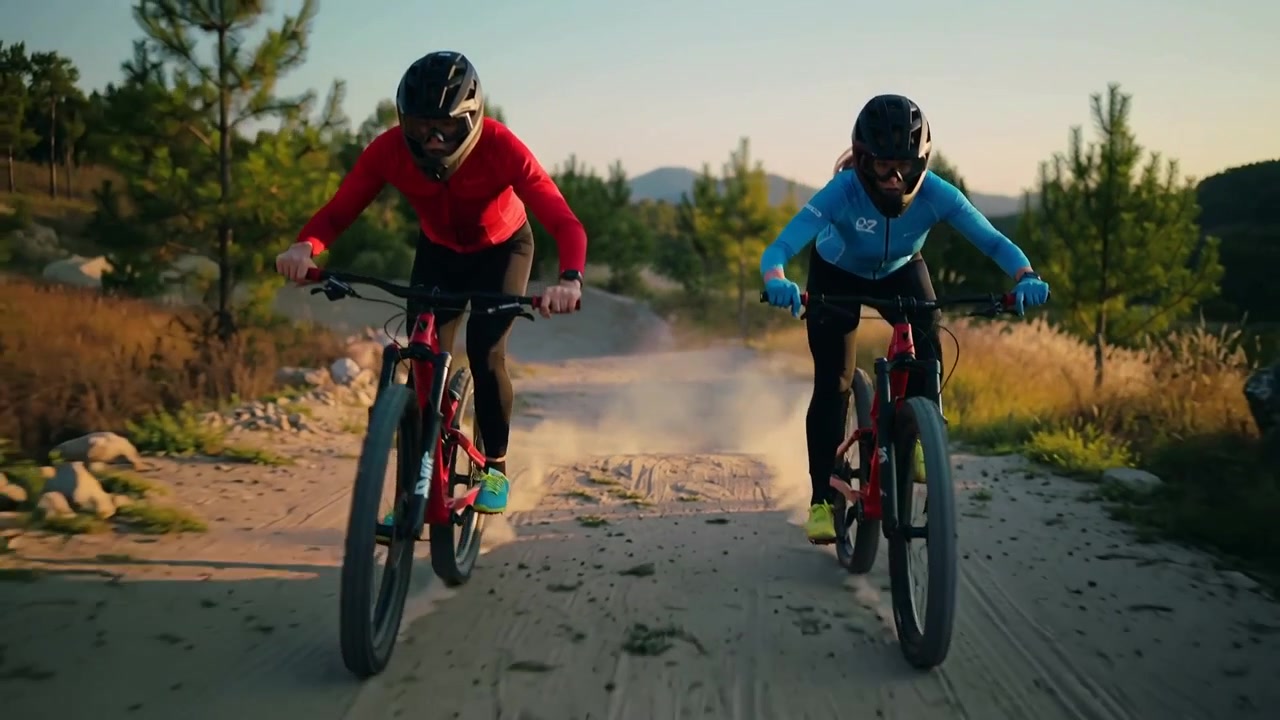 Deux cyclistes en maillots rouges et bleus pédalent sur un sentier tout-terrain poussiéreux, leurs vélos projetant des pierres.