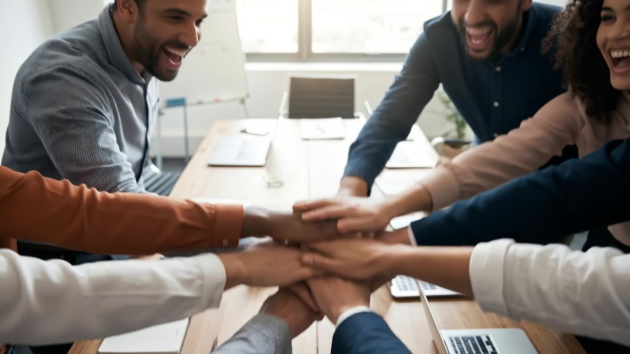 Business team joining hands in a circle as a symbol of unity and collaboration at work