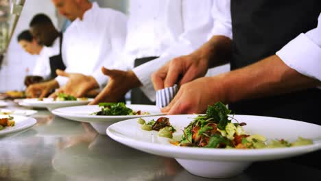 team of chefs garnishing meal on counter 4k