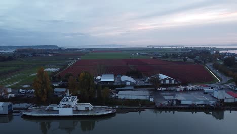 panorámica aérea de la costa, pueblo de pescadores con barco al atardecer ladner bc