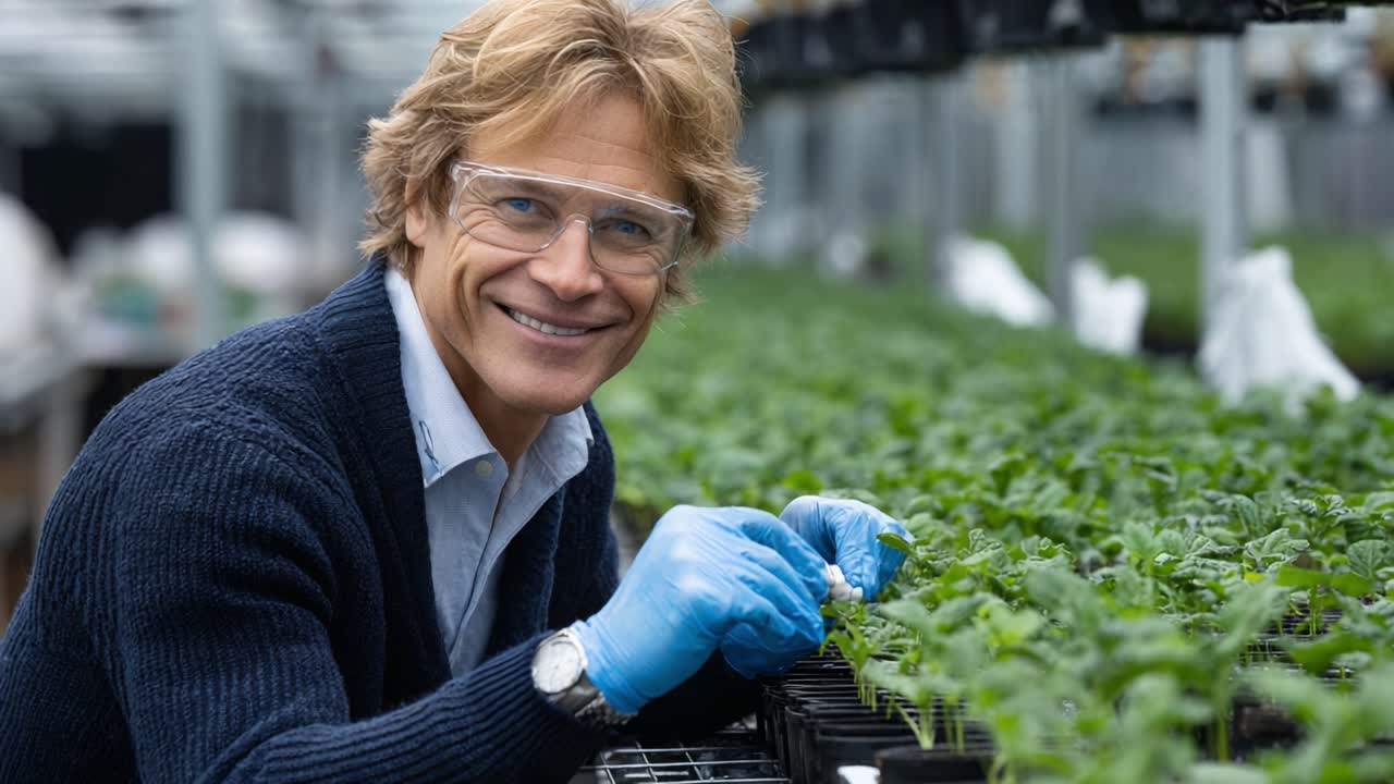 A Passionate Gardener Nurtures Seedlings in a Greenhouse, Smiling with pride while tending to Lush, Vibrant Plants in Their Care