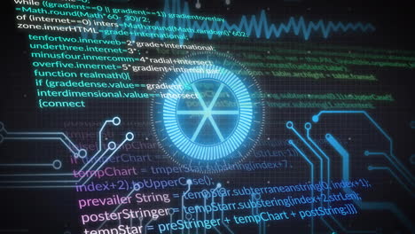 animating programming code and digital circuits over futuristic blue interface symbols